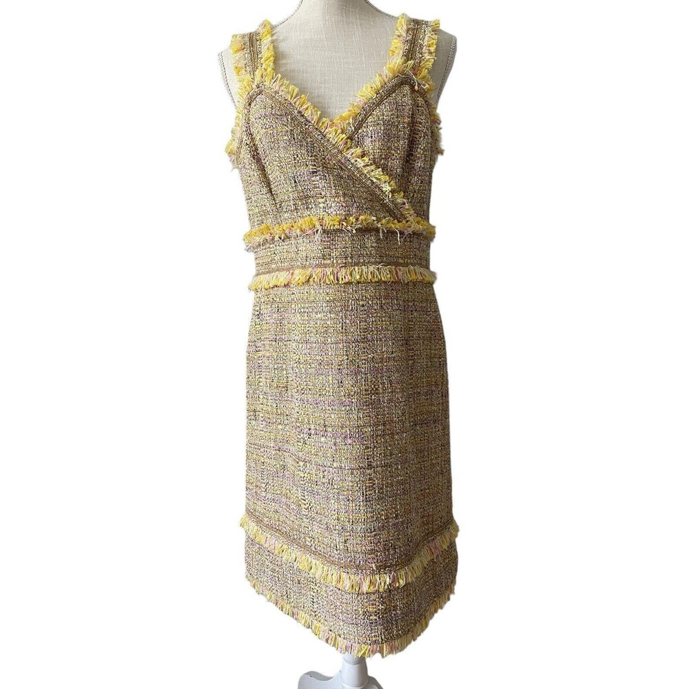 Worth New York Yellow Colorful Tweed Fringe‎ Dress Size 8